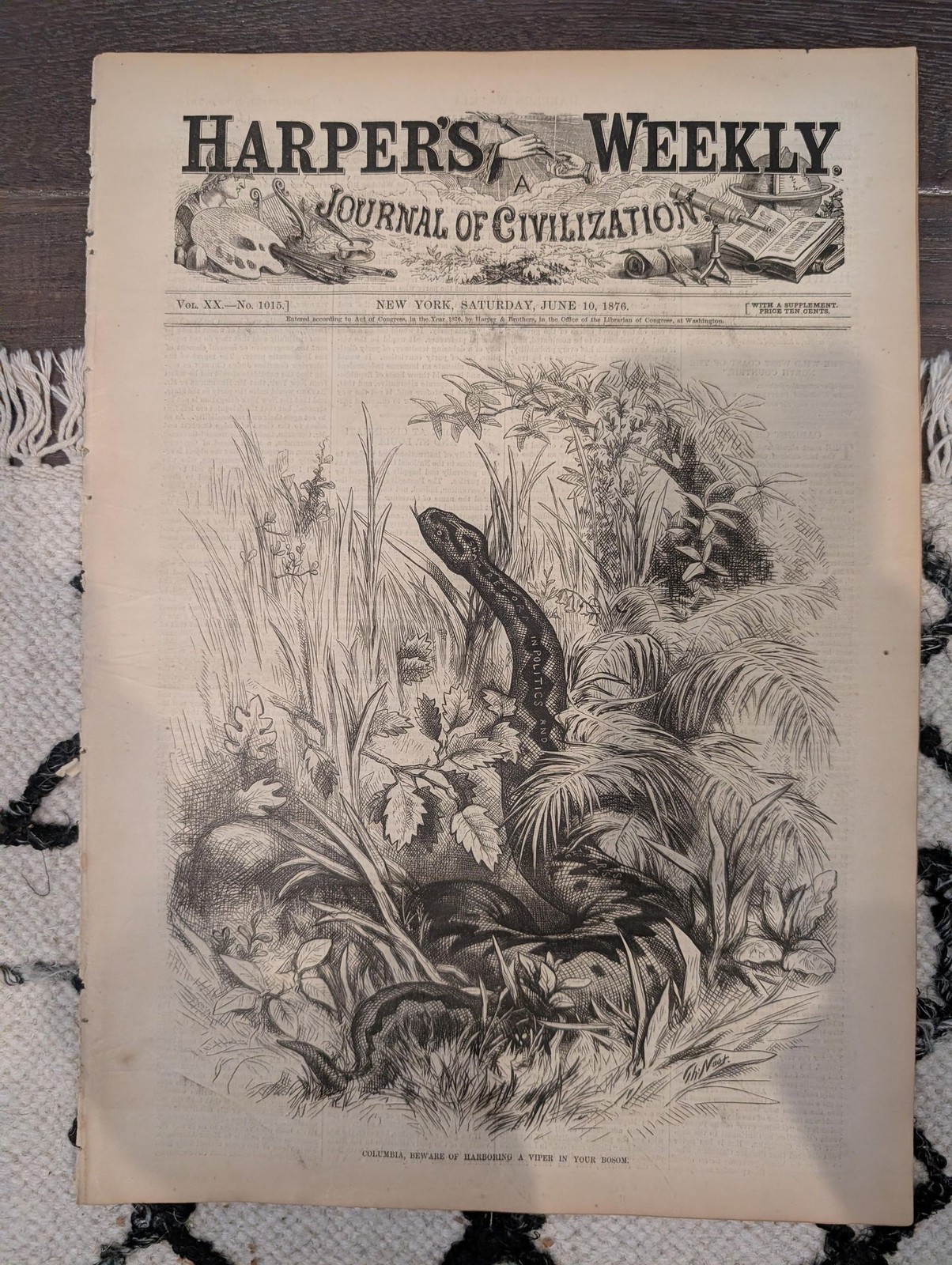 HARPER’S WEEKLY June 10, 1876 – Thomas Nast “Columbia Beware” Centennial Philade