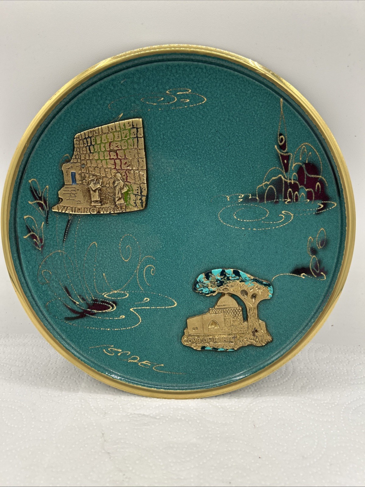 8” Brass And Enamel Jerusalem Wailing Wall Tomb Of Rahel Hanging Plate