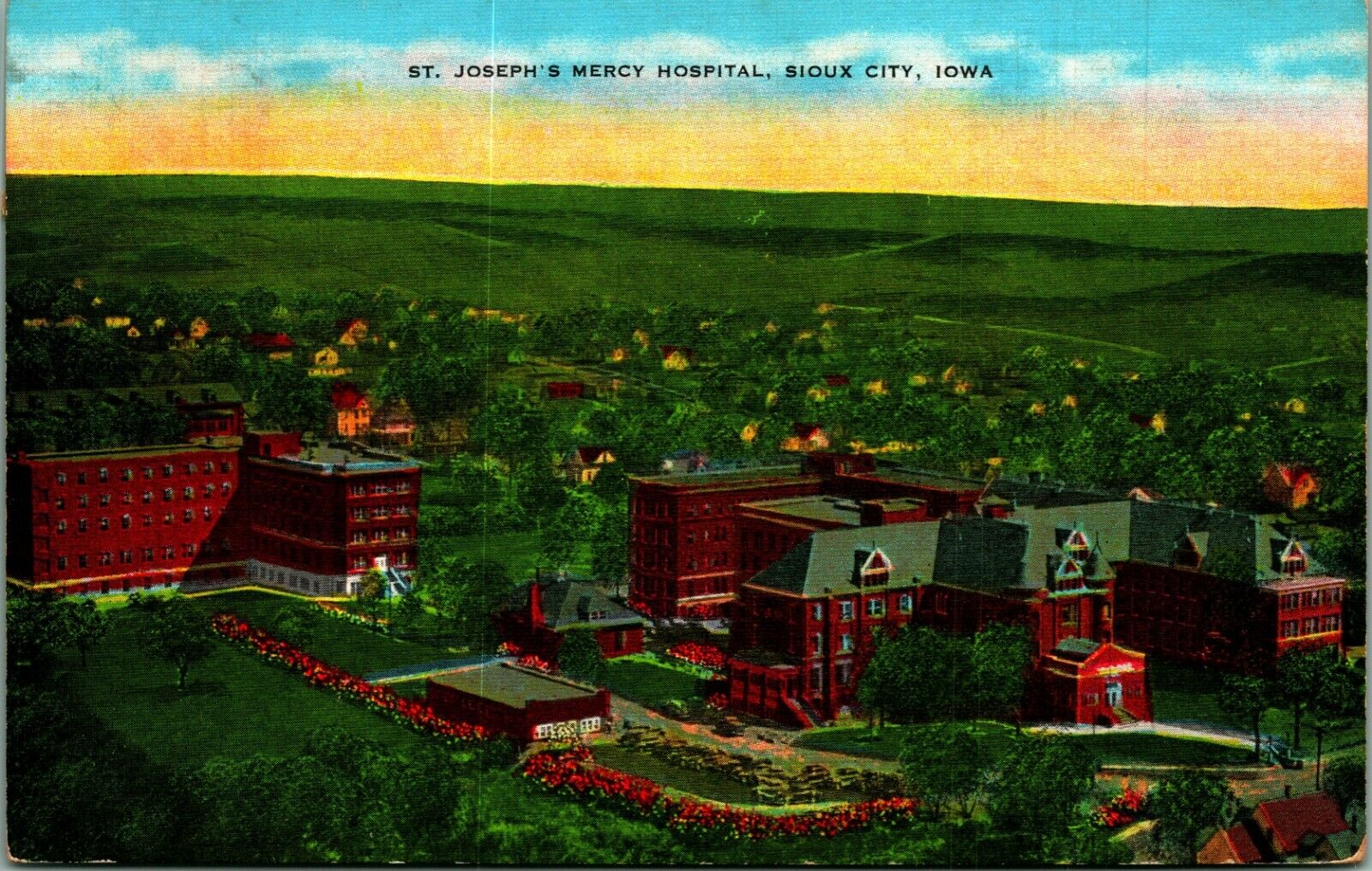 Aerial View St Joseph Hospital Viaduct Sioux City Iowa IA Linen Postcard