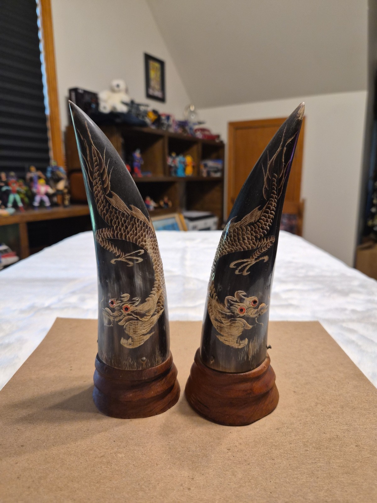 Vintage Carved Water Buffalo Horns Pair Dragon Motif Chinese Asian Decor 1970s Vintage Carved Water Buffalo Horns Pair Dragon Motif Chinese Asian Decor 1970s