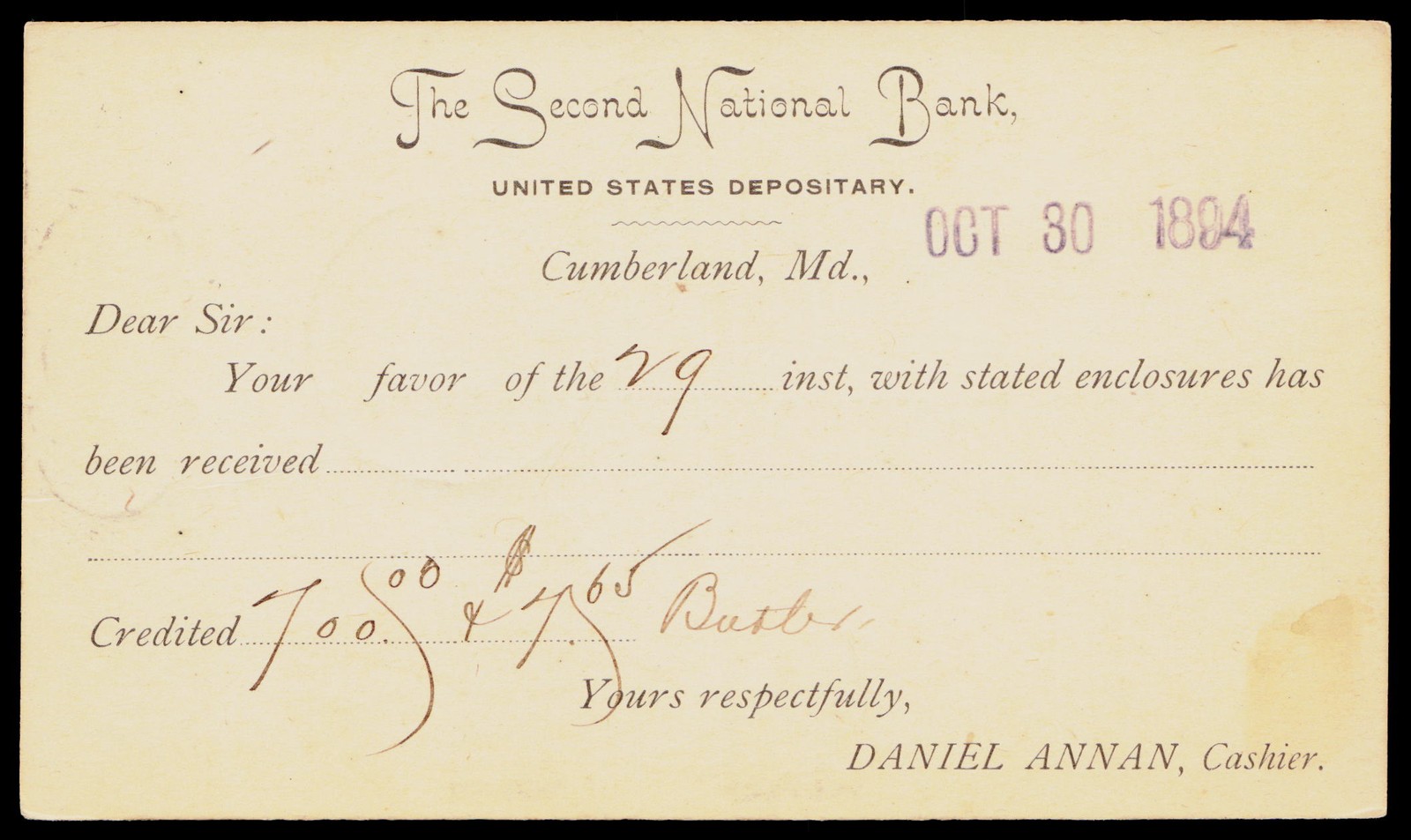 1894 Second National Bank Cumberland MD Victorian Engraved 1c Postal Card Receip 1894 Second National Bank Cumberland MD Victorian Engraved 1c Postal Card Receip