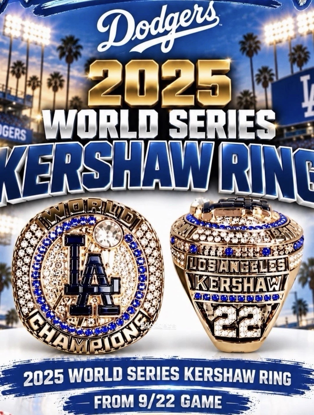 PRESALE 💍 Clayton Kershaw LA Dodgers ‘25 World Series Championship Ring 9/22/26