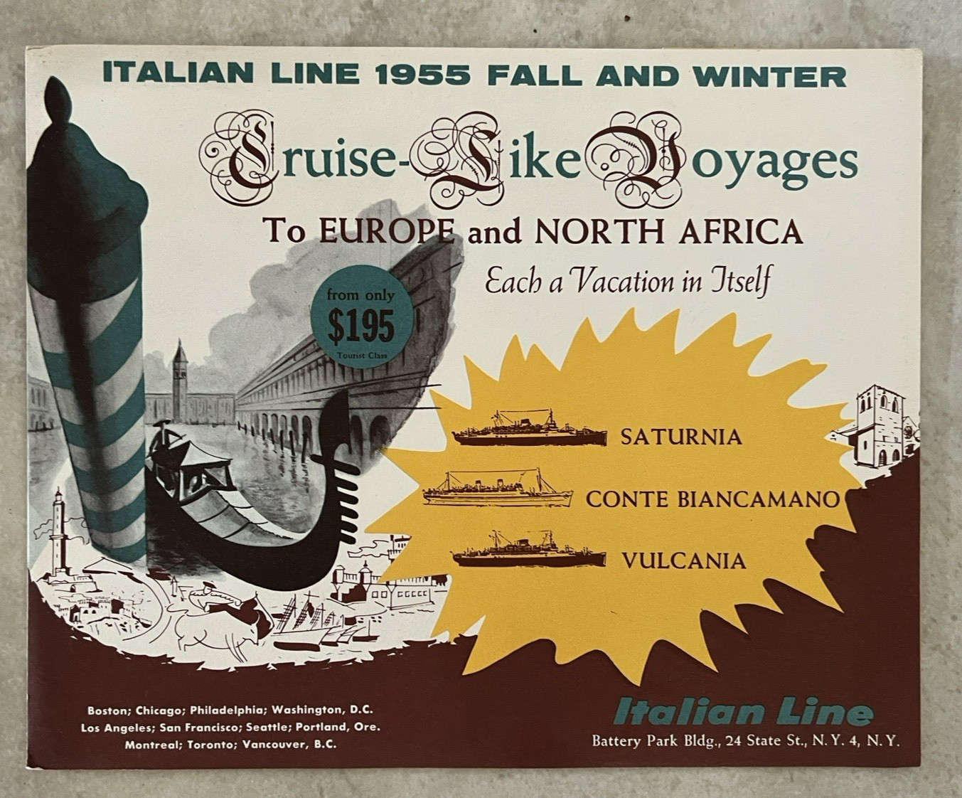 1955  Italian Line Oceanliner Cruises Brochure From USA To Europe & North Africa