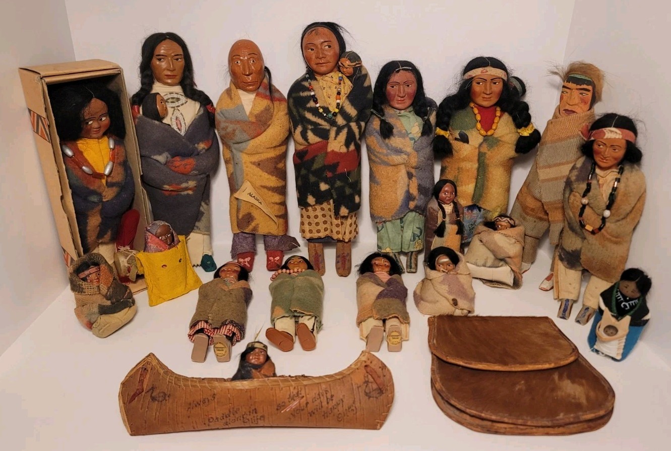 18 Vintage Mostly Skookum (Bully Good) Native American Dolls & Deer Hide Pouch 18 Vintage Mostly Skookum (Bully Good) Native American Dolls & Deer Hide Pouch