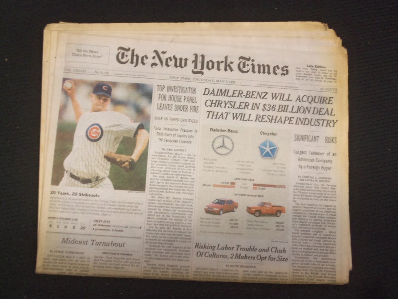 1998 MAY 7 NEW YORK TIMES NEWSPAPER - KERRY WOOD STRIKES OUT 20 - NP 7062