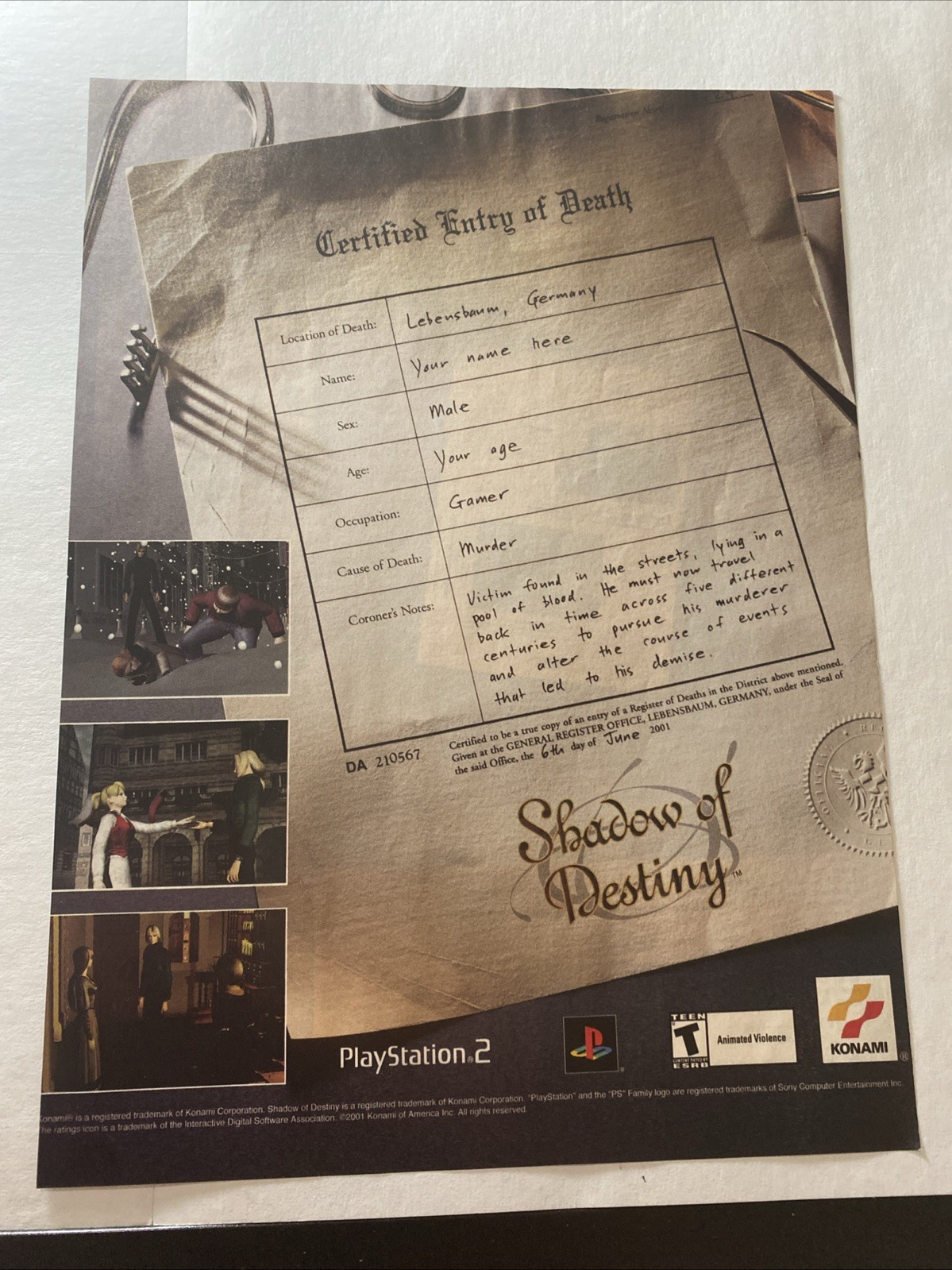 Shadow of Destiny Sony PlayStation 2 PS2 Death Print Ad/Poster Promo Art Shadow of Destiny Sony PlayStation 2 PS2 Death Print Ad/Poster Promo Art