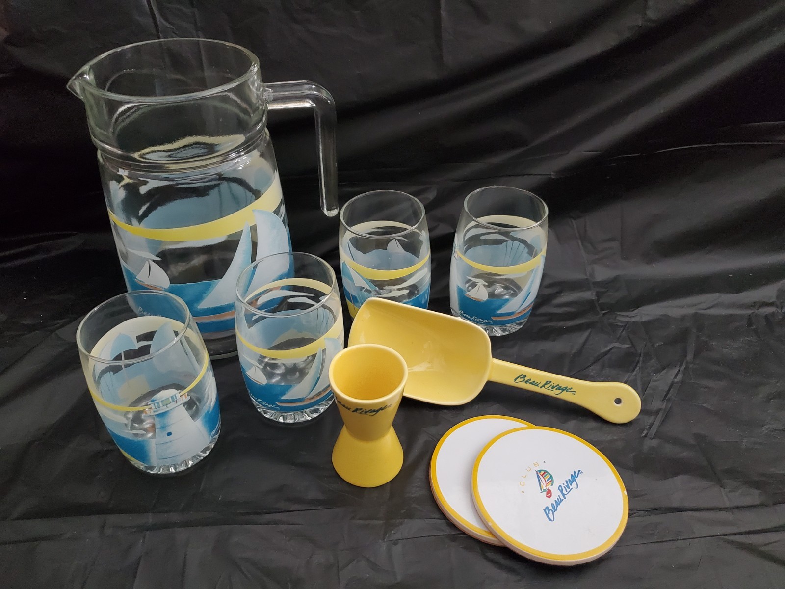 Vintage Beau Rivage Casino Pitcher, 4 Glasses, Ice Scoop, Jigger And 2 Coasters Vintage Beau Rivage Casino Pitcher, 4 Glasses, Ice Scoop, Jigger And 2 Coasters