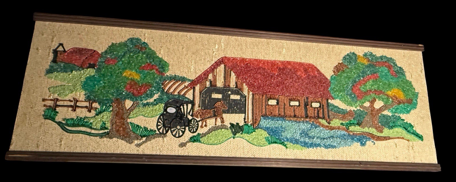 MCM 1960’s Pebble Art & Textile Covered Bridge Horse Buggy Landscape Scene MCM 1960’s Pebble Art & Textile Covered Bridge Horse Buggy Landscape Scene