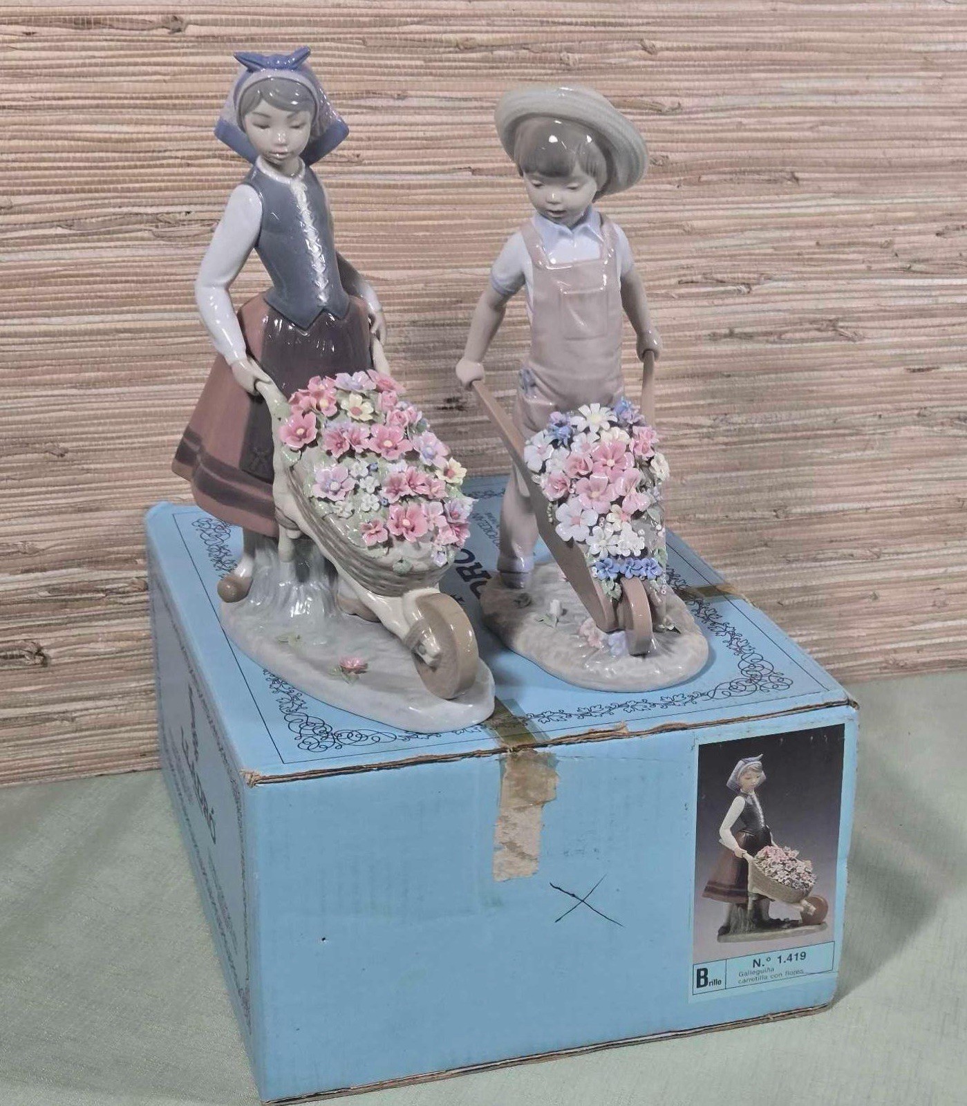 Lladro 1419 & 1283 Wheelbarrow Figurines Set - AS IS (Minor Flower Loss)
