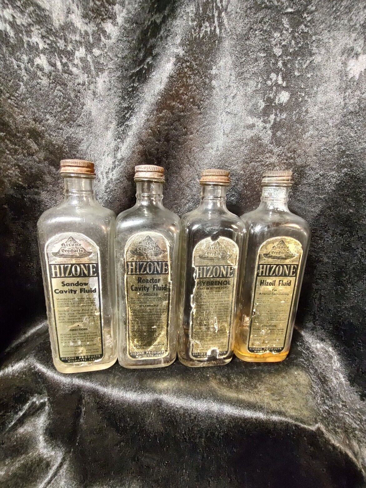 Rare Set of Vintage Hizone Embalming Fluid Bottles