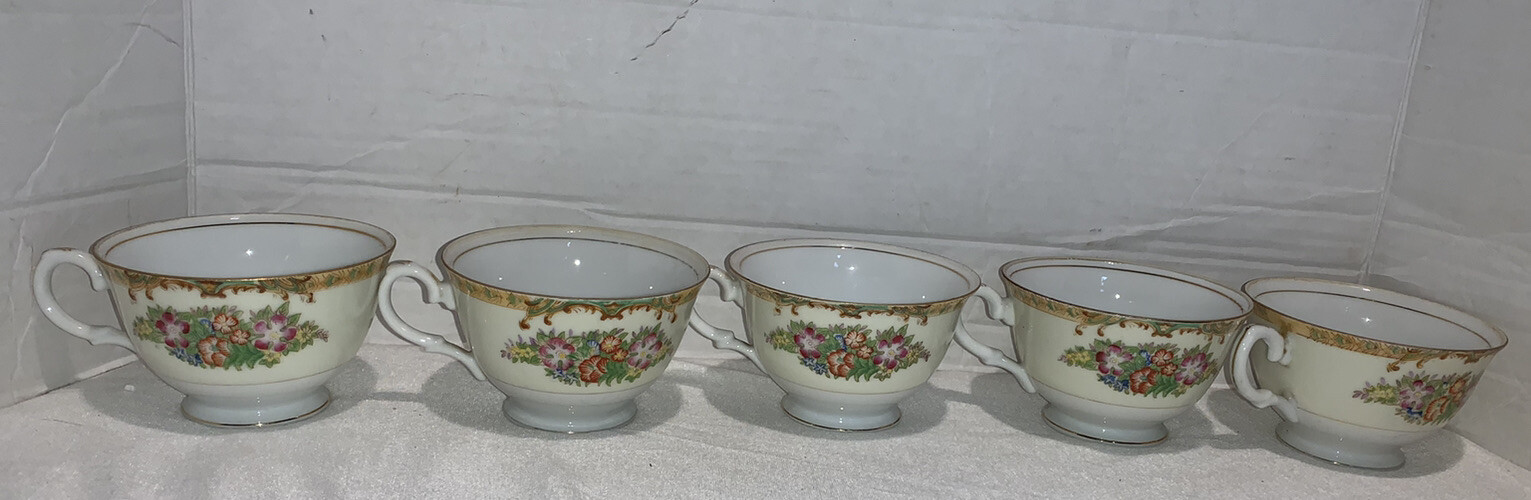 Set Of 5 Vintage Diamond Japan Fine Bone China Pink Yellow Floral Teacups 1930s Set Of 5 Vintage Diamond Japan Fine Bone China Pink Yellow Floral Teacups 1930s