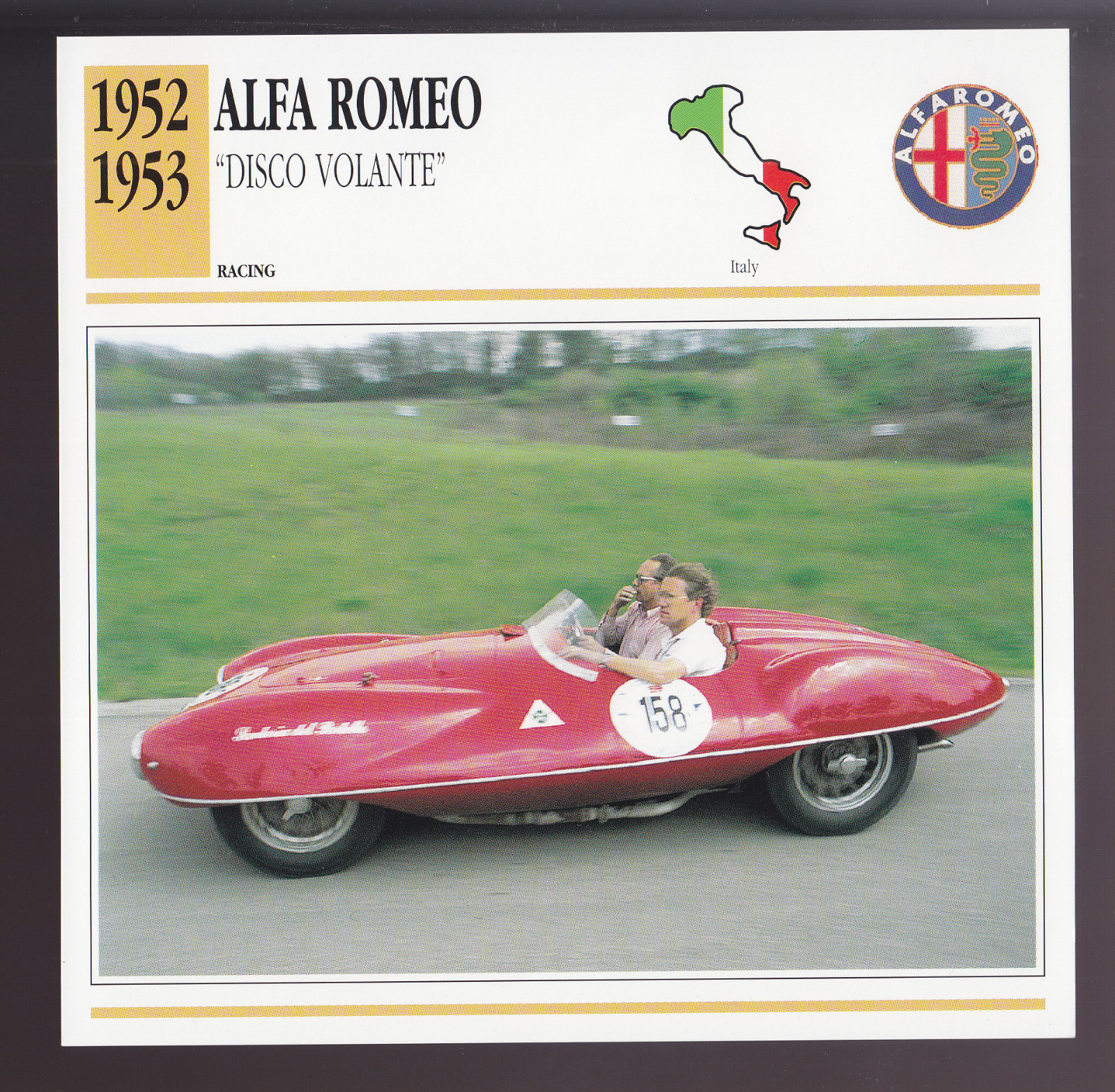 1952-1953 Alfa Romeo Disco Volante Race Car Photo Spec Sheet Info ATLAS CARD