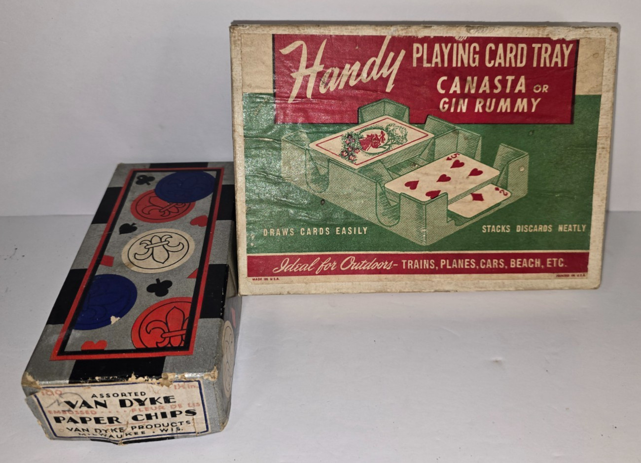 Vtg 1950 Handy Playing Card Tray & 100 ct. Van Dyke Paper Poker Chips & 2 Decks Vtg 1950 Handy Playing Card Tray & 100 ct. Van Dyke Paper Poker Chips & 2 Decks