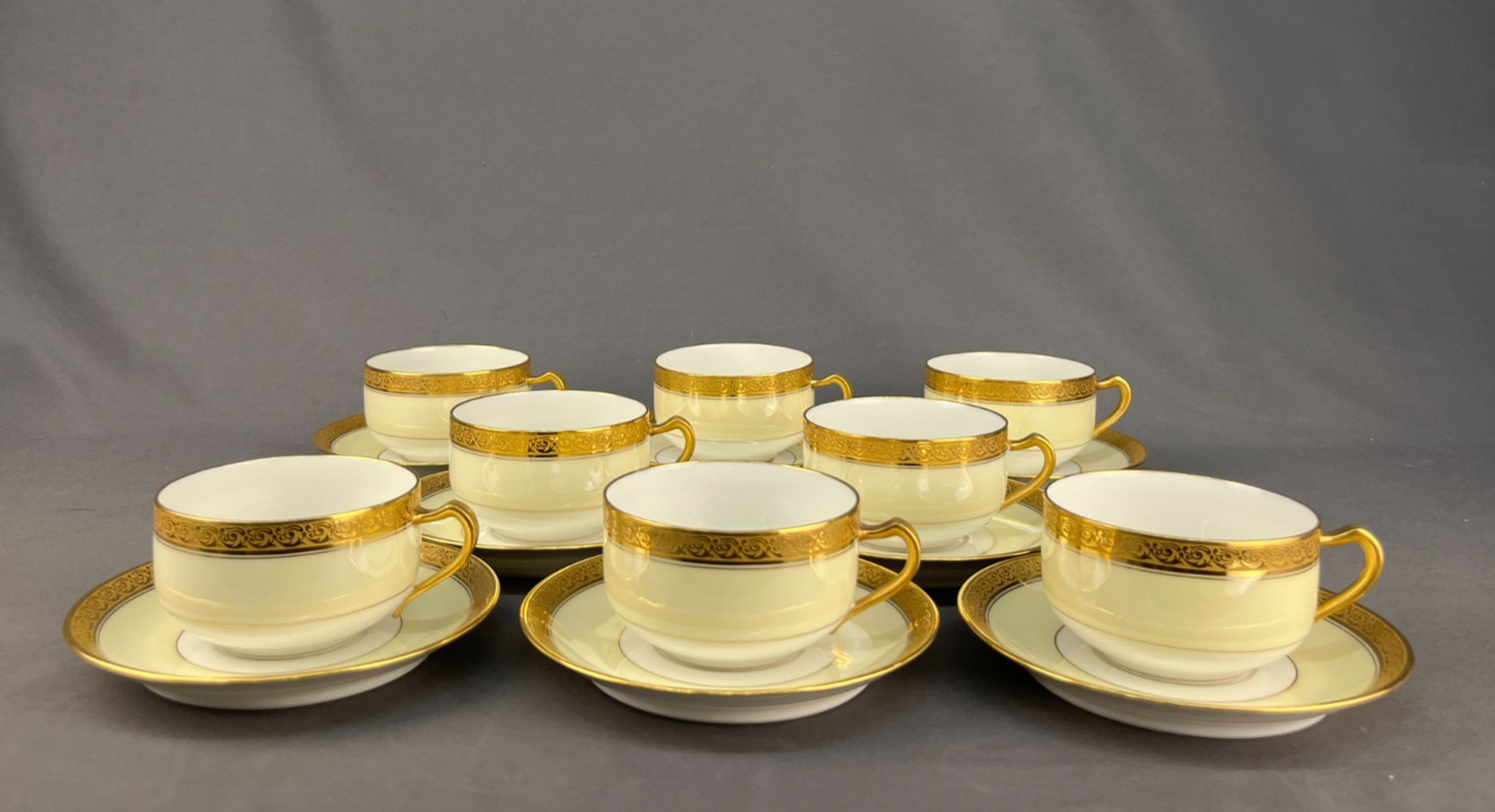 8 Haviland Limoges CHEVALIER Gold Encrusted Flat Cup & 11 Saucer Sets 8 Haviland Limoges CHEVALIER Gold Encrusted Flat Cup & 11 Saucer Sets