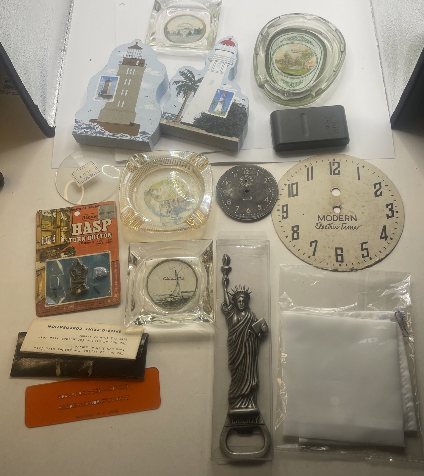 Vintage Junk Drawer Lot Ashtrays Bottle Opener Wooden Lighthouses Clock Faces Vintage Junk Drawer Lot Ashtrays Bottle Opener Wooden Lighthouses Clock Faces