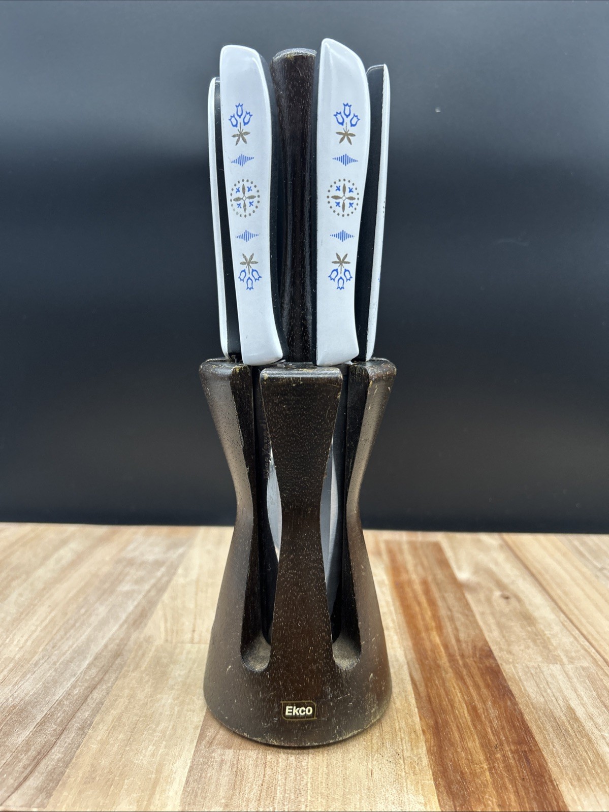 6 Vintage EKCO Vanadium Dutch Tulip Steak Knives USA Hollow Ground Set w Holder 6 Vintage EKCO Vanadium Dutch Tulip Steak Knives USA Hollow Ground Set w Holder