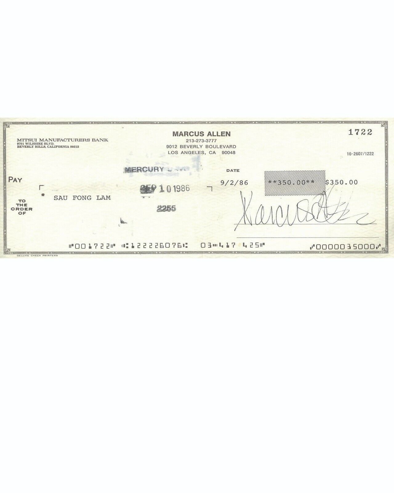 Marcus Allen Reprint Check with 8.50\