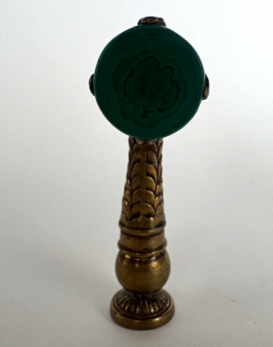 Antique 19th-Century Victorian Brass Wax Seal Stamp with Malachite Stone Handle Antique 19th-Century Victorian Brass Wax Seal Stamp with Malachite Stone Handle