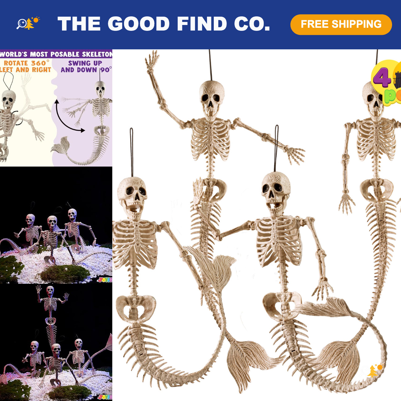 4 PCS 20” Mermaid Skeleton Decor - Posable Plastic Bones for Halloween, Graveyar
