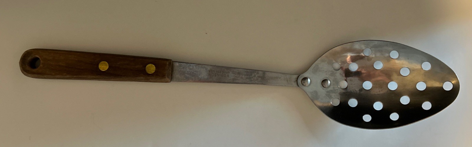 Vintage Robinson Stainless USA Slotted Serving Spoon With Wood Handle Vintage Robinson Stainless USA Slotted Serving Spoon With Wood Handle