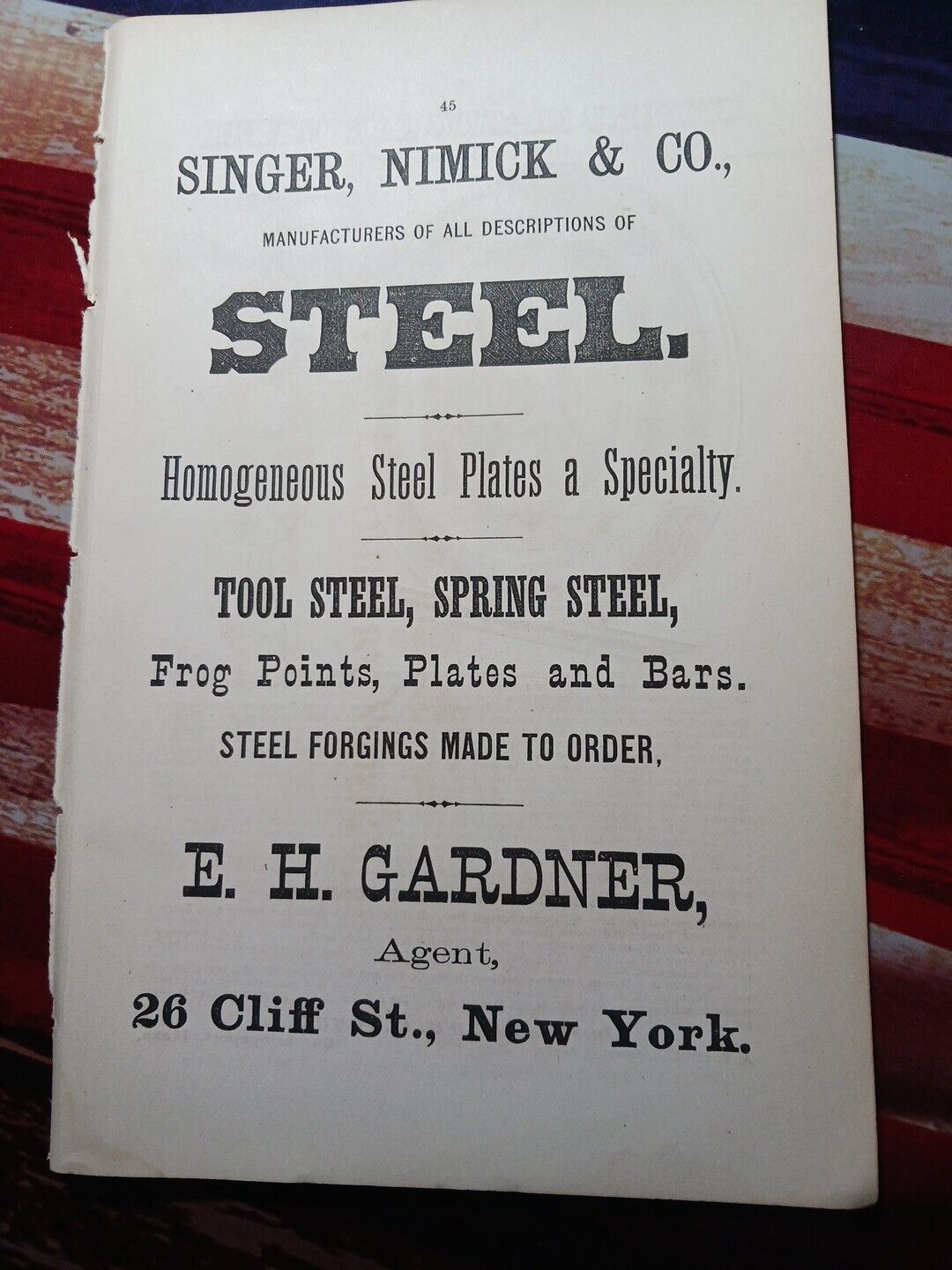 1875 Print Ad SINGER NIMICK & COMPANY railroad steel Forgings EH GARDNER NYC