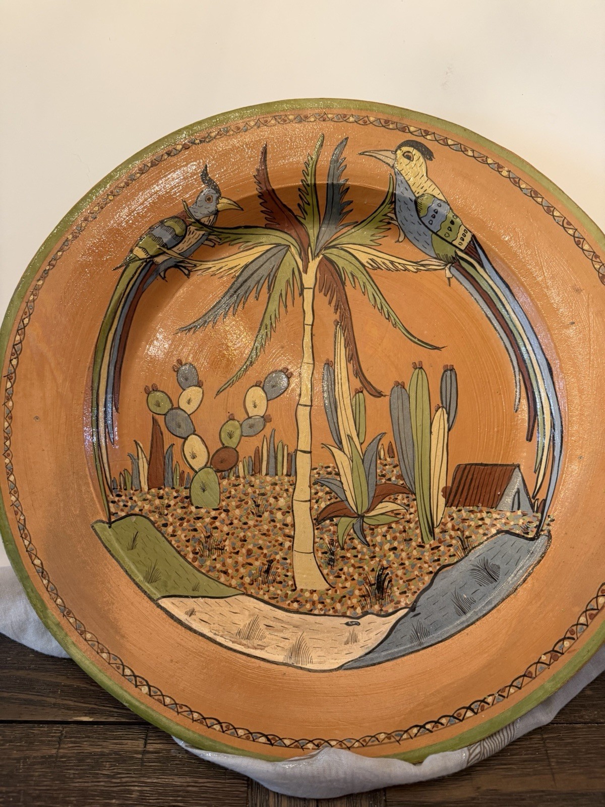 Vintage 1940 Mexican Tlaquepaque tourist pottery plate man yellow hat 20” Vintage 1940 Mexican Tlaquepaque tourist pottery plate man yellow hat 20”