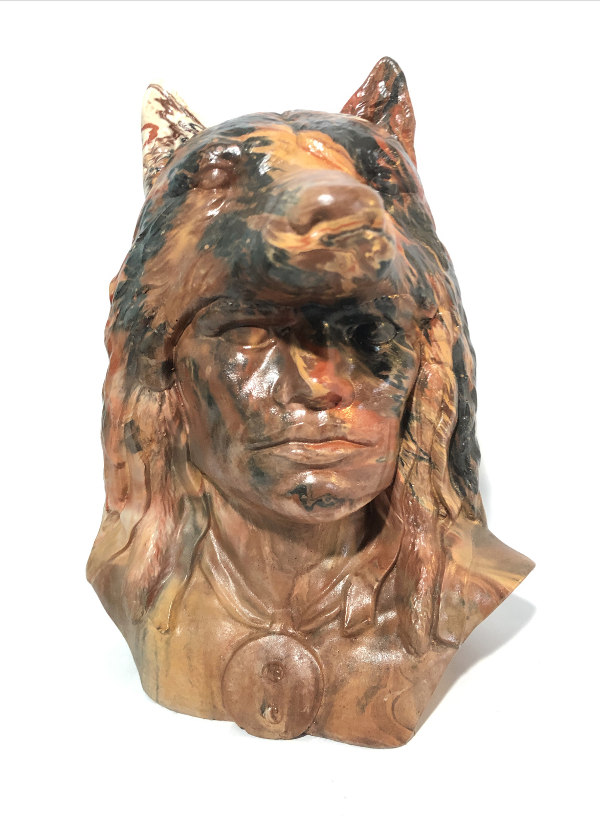 Native American Bust Statue-Brave W/ Wolf Head Dress-Artist Signed-Clay-12”x9” Native American Bust Statue-Brave W/ Wolf Head Dress-Artist Signed-Clay-12”x9”