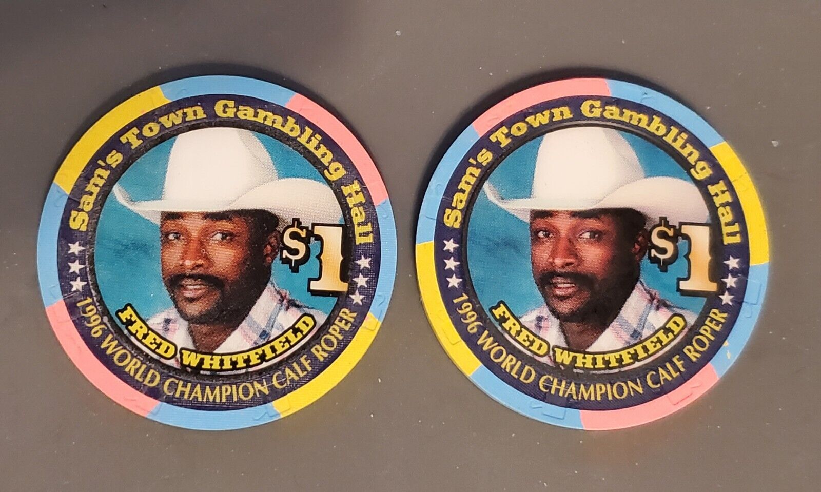 Pair of Fred Whitfield Sam\'s Town Las Vegas $1 Poker Chips NFR Rodeo 1998 Unused