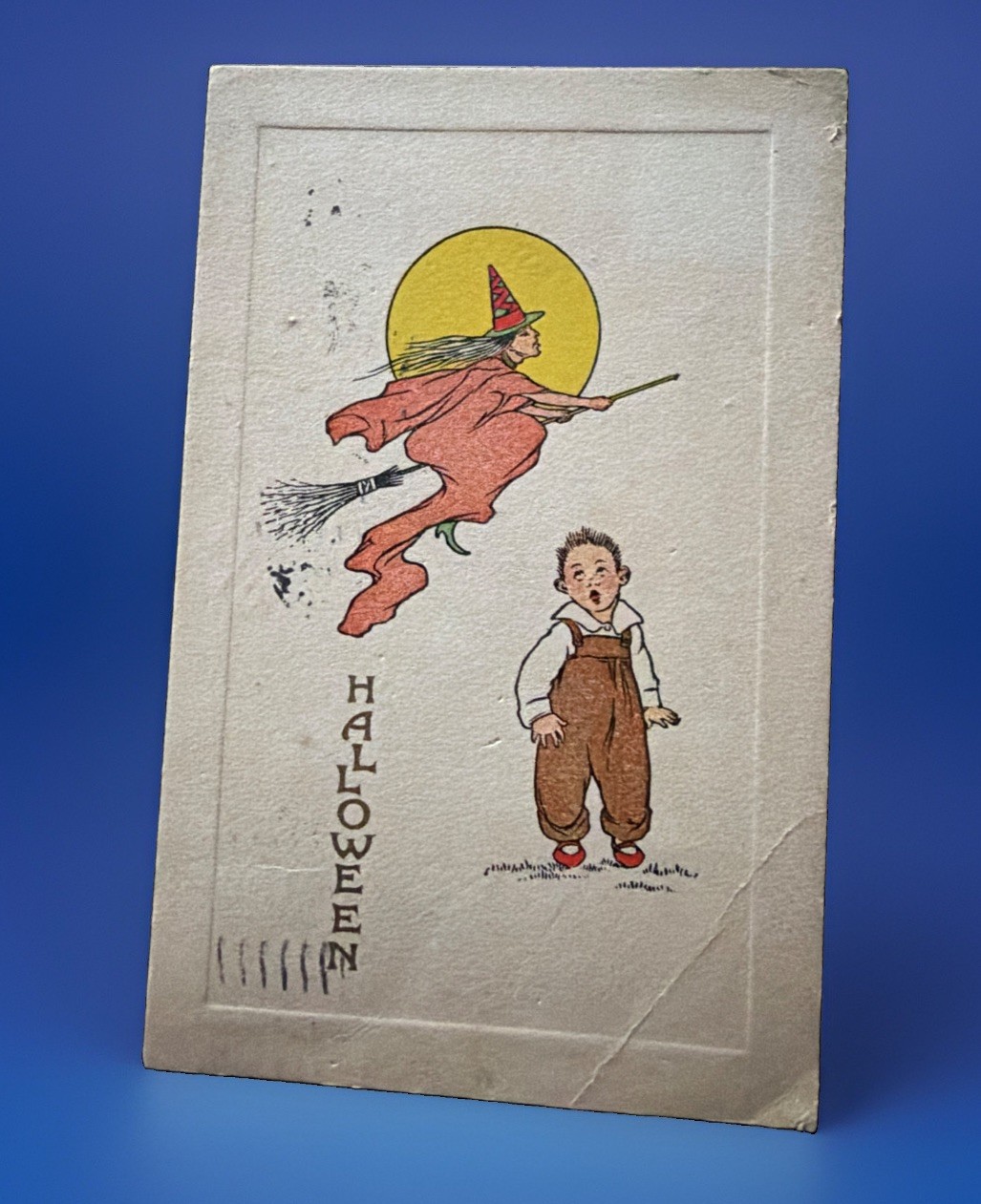 Vintage Gibson Art Halloween Flying Witch Full Moon Frightened Boy Antique