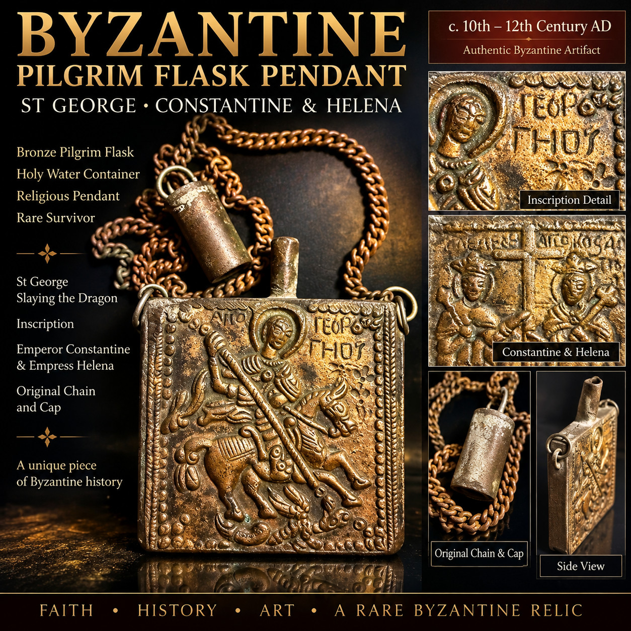 Rare Ancient Byzantine Bronze Pilgrim Ampulla Flask St George Constantine & Hele
