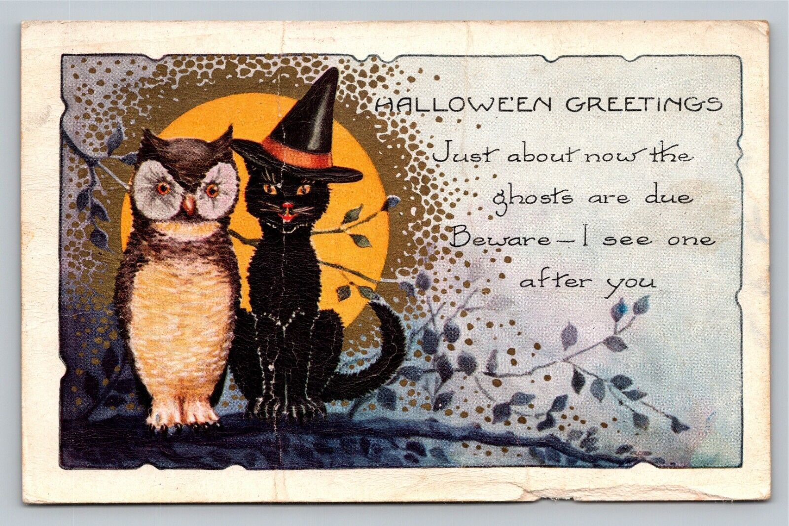 Halloween Greetings Whitney Black Cat w Hat Owl Full Moon VTG EMB c1934 Postcard