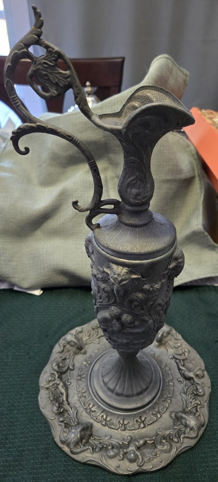Large Victorian Italian PELTRATO 90% Pewter Art Nouveau Cherub Goat Ewer 15\ Large Victorian Italian PELTRATO 90% Pewter Art Nouveau Cherub Goat Ewer 15\