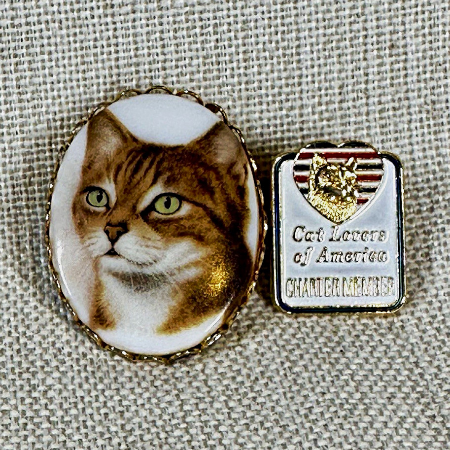 Vintage Cat Lovers of America Member Pin & Oval Porcelain Cameo Brooch Lot Vintage Cat Lovers of America Member Pin & Oval Porcelain Cameo Brooch Lot