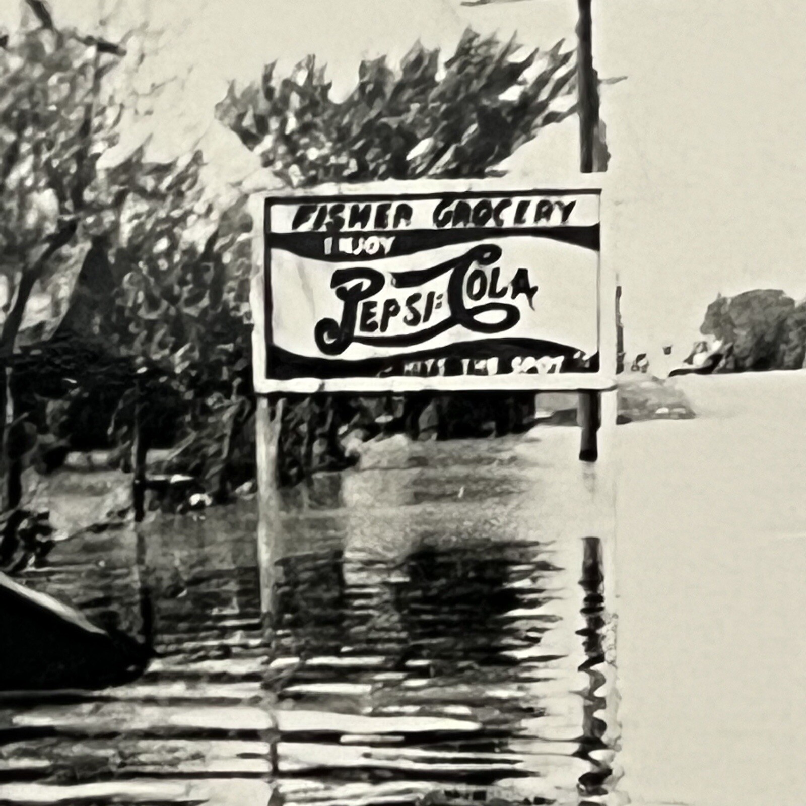 Vintage B&W Snapshot Photograph Fisher Grocery Pepsi Cola Sign During Flood Vintage B&W Snapshot Photograph Fisher Grocery Pepsi Cola Sign During Flood