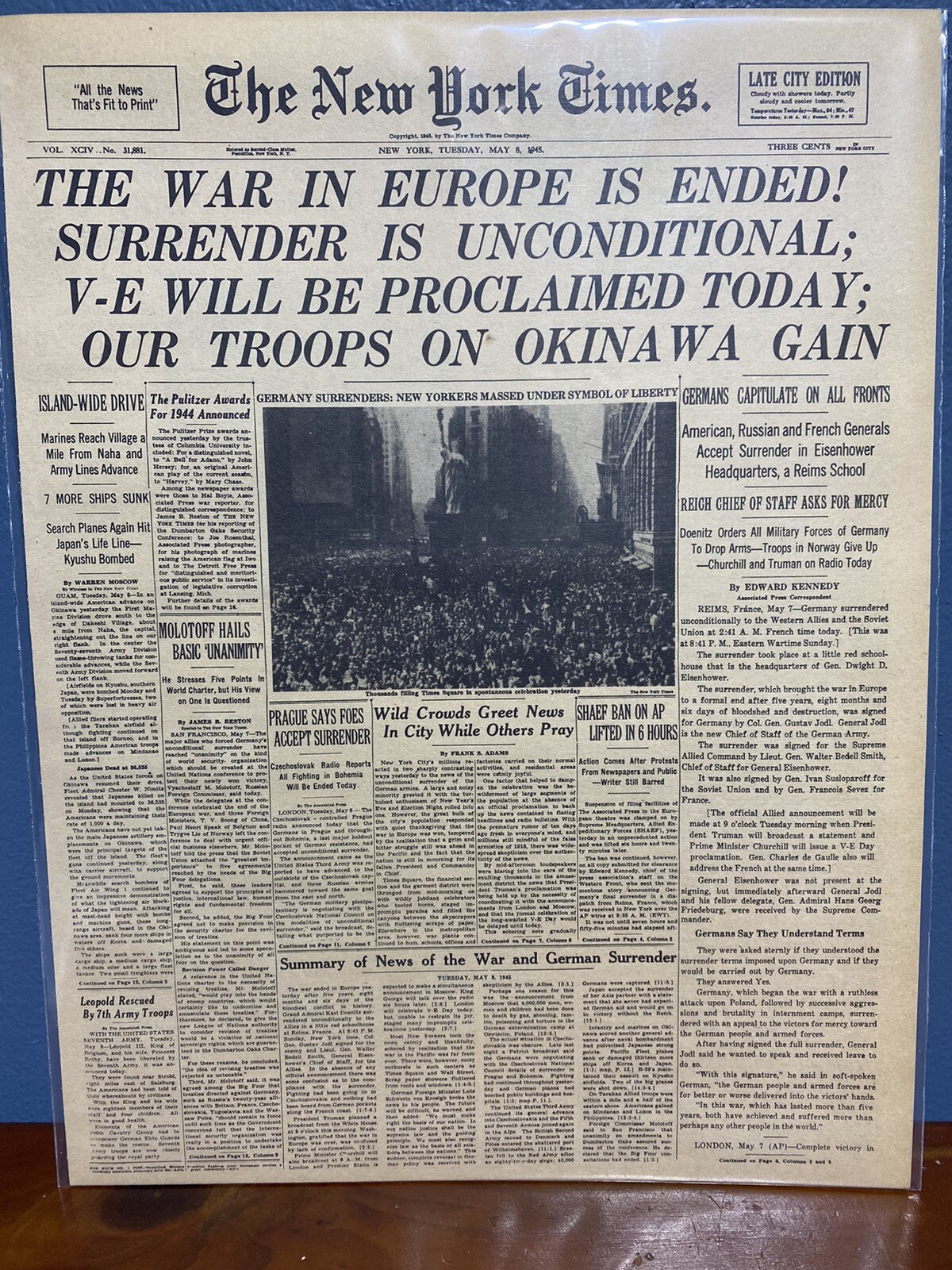 VINTAGE NEWSPAPER HEADLINE~WAR IN EUROPE OVER V-E DAY WWII 1945 GERMAN SURRENDER VINTAGE NEWSPAPER HEADLINE~WAR IN EUROPE OVER V-E DAY WWII 1945 GERMAN SURRENDER