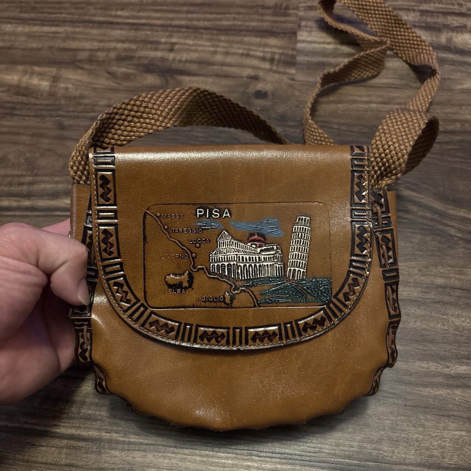 Vintage 70s Italian Tooled Leather Pisa Souvenir Crossbody Bag Boho Map Purse Vintage 70s Italian Tooled Leather Pisa Souvenir Crossbody Bag Boho Map Purse