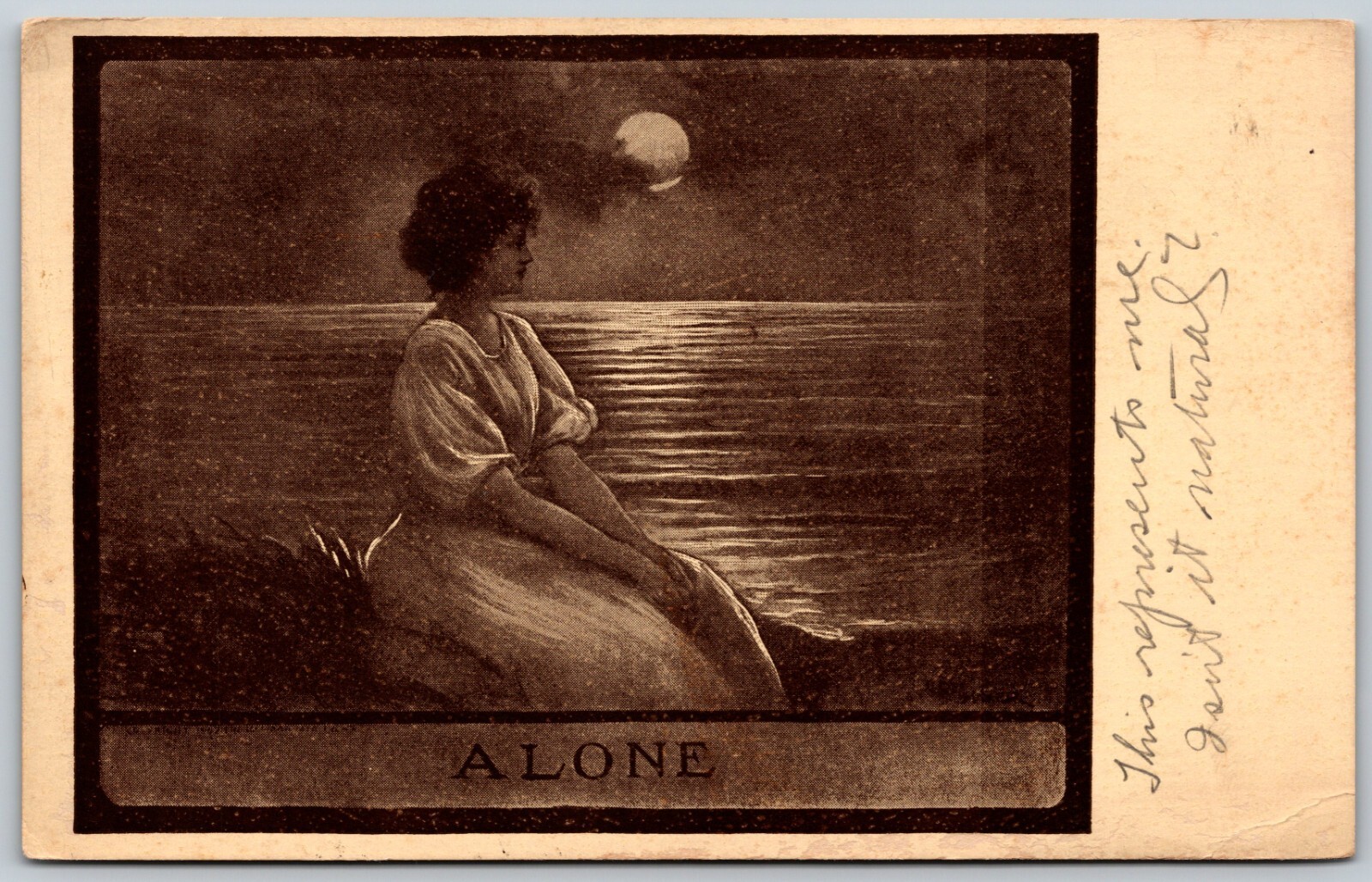 1909 ALONE Moonlight Girl Sitting By Water Romantic Scene RED2c ANTIQUE Postcard 1909 ALONE Moonlight Girl Sitting By Water Romantic Scene RED2c ANTIQUE Postcard