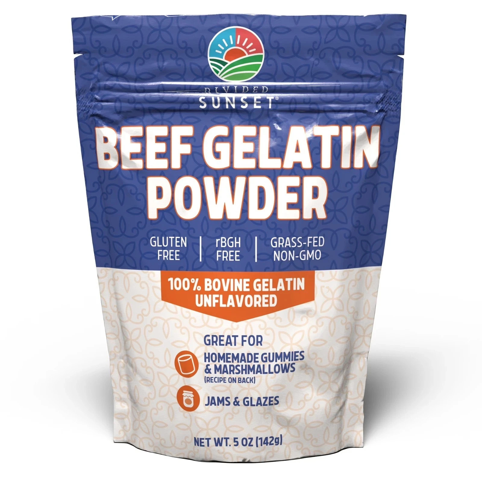 Divided Sunset, Unflavored Beef Gelatin Powder, 5 oz ,142 g. Divided Sunset, Unflavored Beef Gelatin Powder, 5 oz ,142 g.