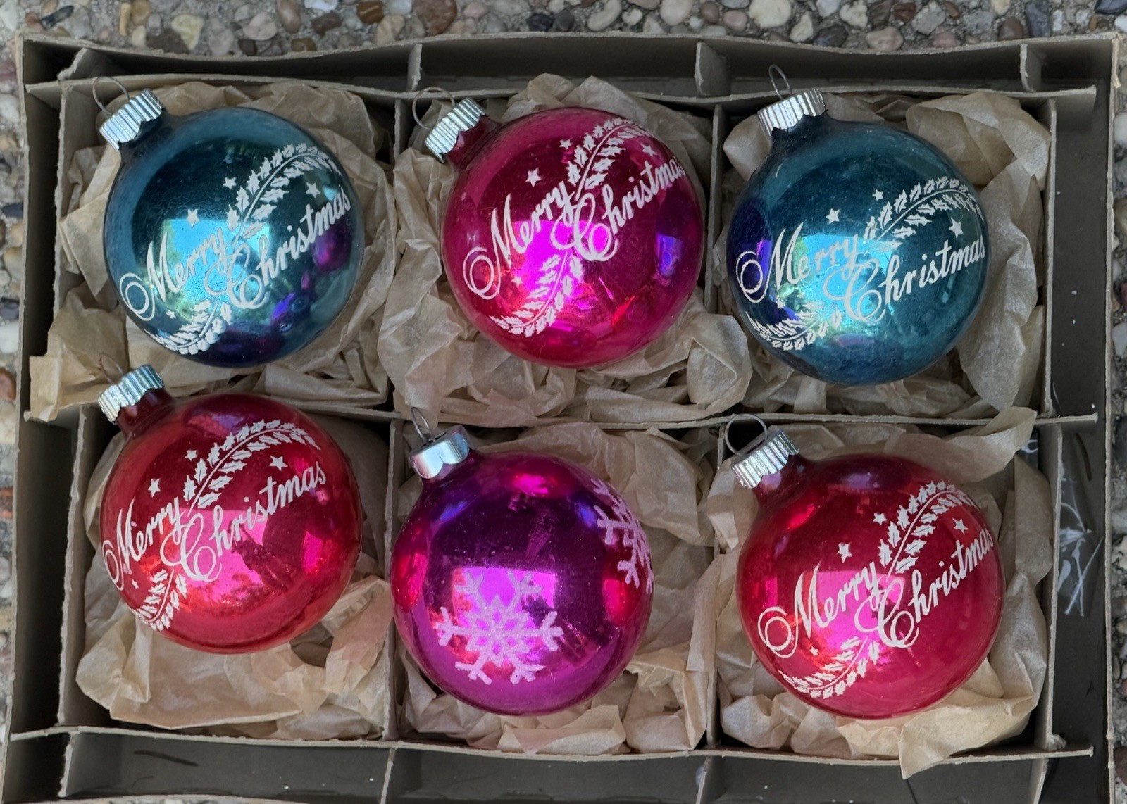 Vintage Shiny Brite USA Merry Christmas Snowflake Stencil Glass Ornaments