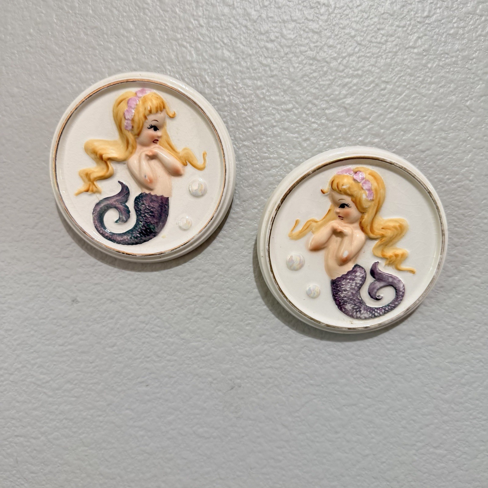 LEFTON 2 MERMAIDS Wall Plaques Blonde sexy Twins MCM Vintage RARE
