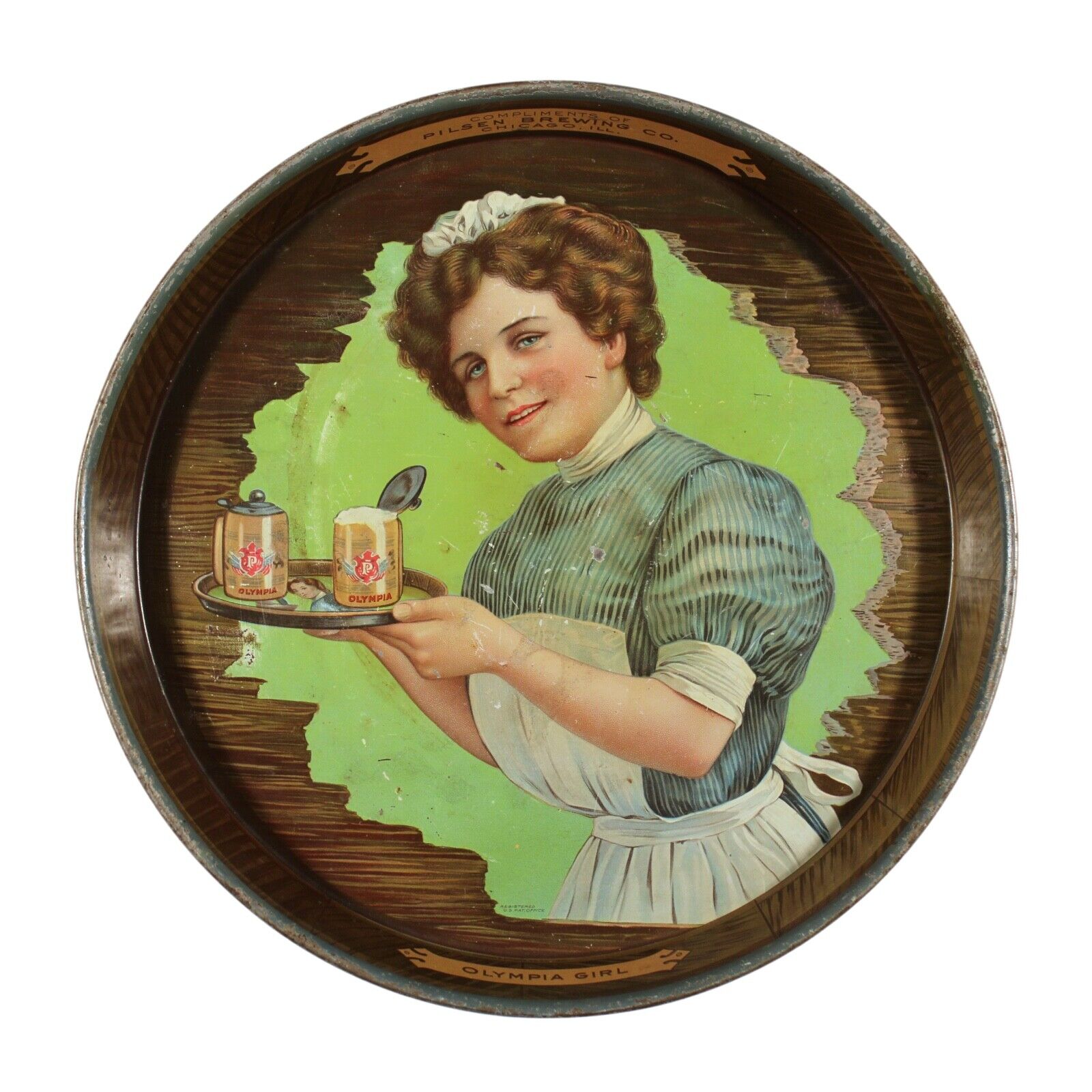 OLYMPIA GIRL BEER ADVERTISING TRAY PILSEN BREWING ANTIQUE KAUFMANN STRAUSS CO NY