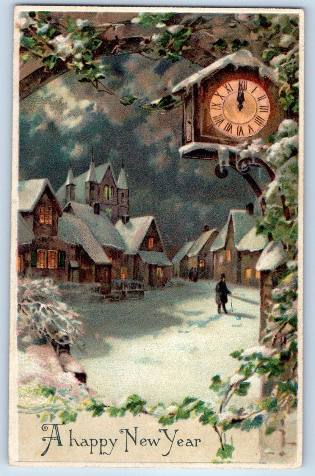 1907 New Year Winter Scene Clock Houses Embossed Clymer NY Antique Postcard 1907 New Year Winter Scene Clock Houses Embossed Clymer NY Antique Postcard