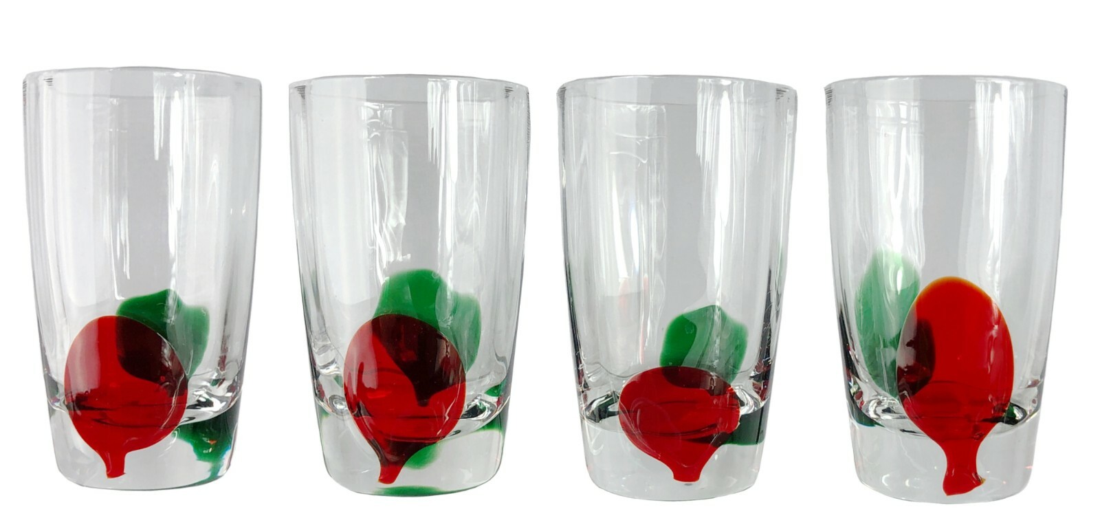 Set 4 Vtg Pier 1 Hand Blown Shot Glasses Red Green Teardrop Drop Optic Drip 3.5\ Set 4 Vtg Pier 1 Hand Blown Shot Glasses Red Green Teardrop Drop Optic Drip 3.5\