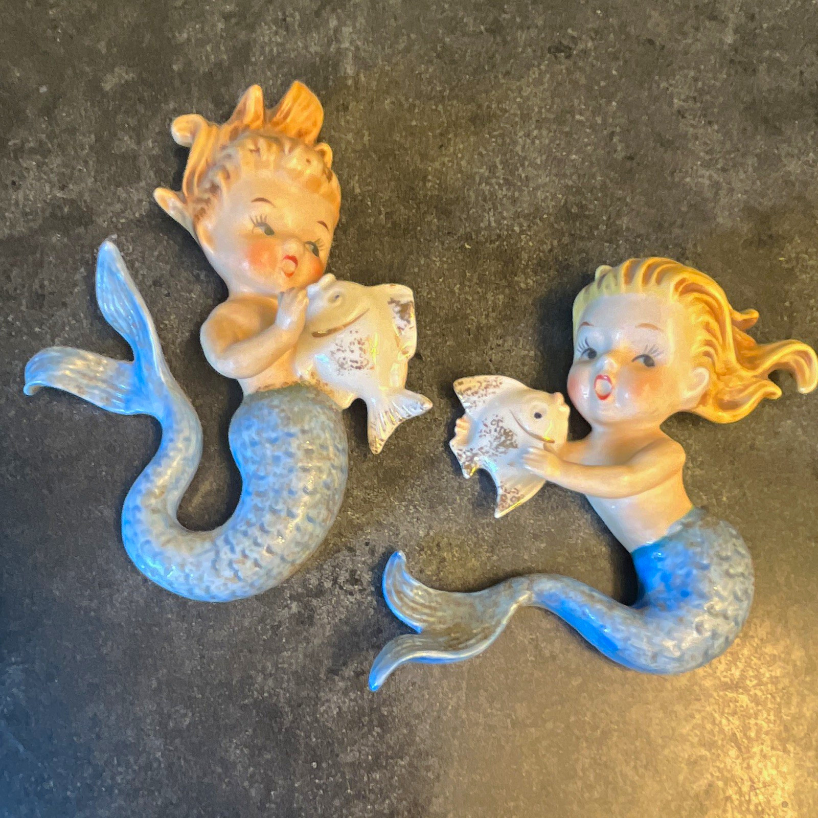 RARE Set of 2 Vintage Norcrest P-659 Mermaid Wall Figurines with Fish