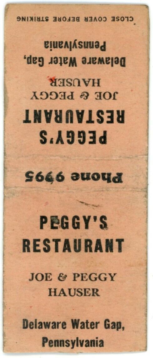 Peggy\'s Restaurant, Joe & Peggy Hauser, Delaware Water Gap, PA Matchbook Cover