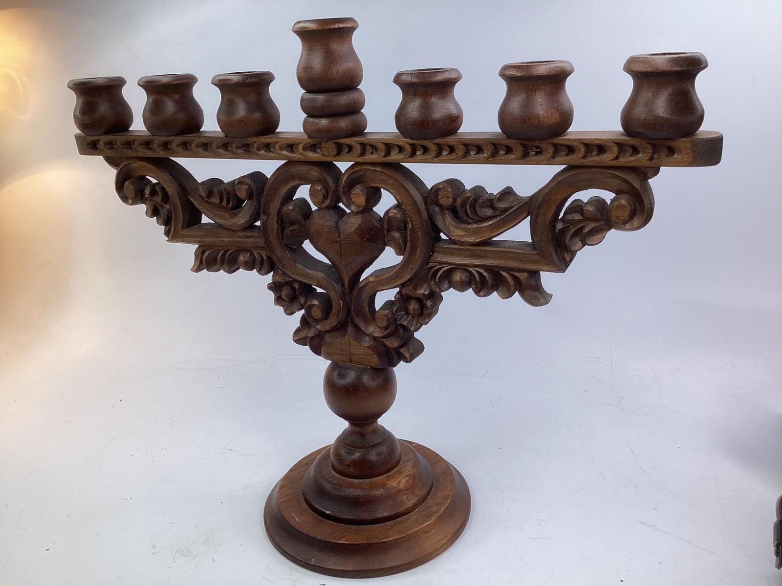 17” Vintage Hand Carved Large Wooden Menorah Folk Art Judaica Hanukkah (L1)