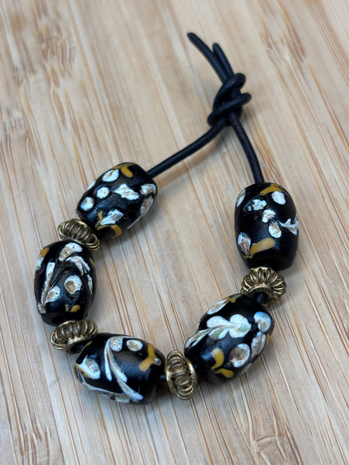 African Trade Beads Antique Venetian Fancy Black Floral x 5 African Trade Beads Antique Venetian Fancy Black Floral x 5