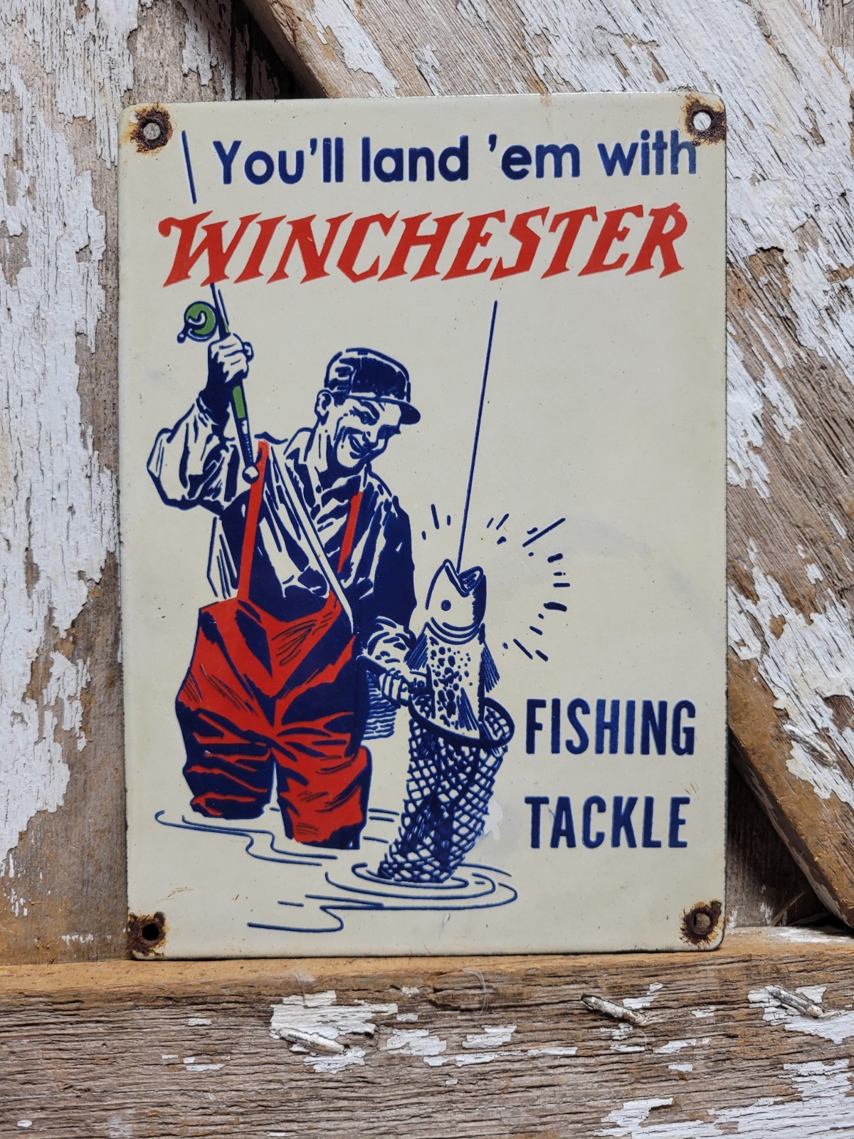 VINTAGE WINCHESTER PORCELAIN SIGN OLD FISHING TACKLE BAIT FIREARM GUN AMMO STORE