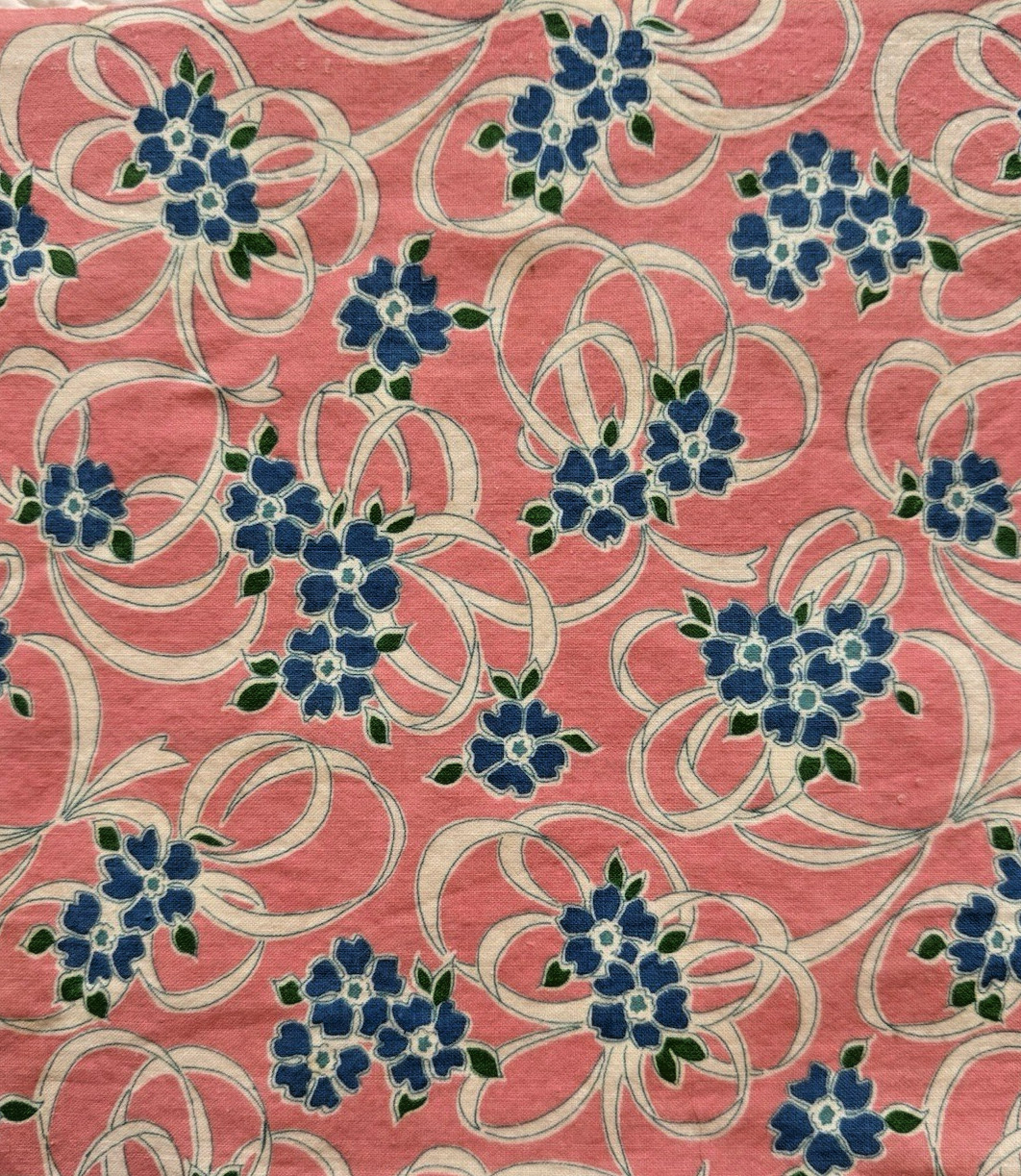 Vintage 1930's-40's feedsack fabric blue flowers on pink background 9x10 Vintage 1930's-40's feedsack fabric blue flowers on pink background 9x10