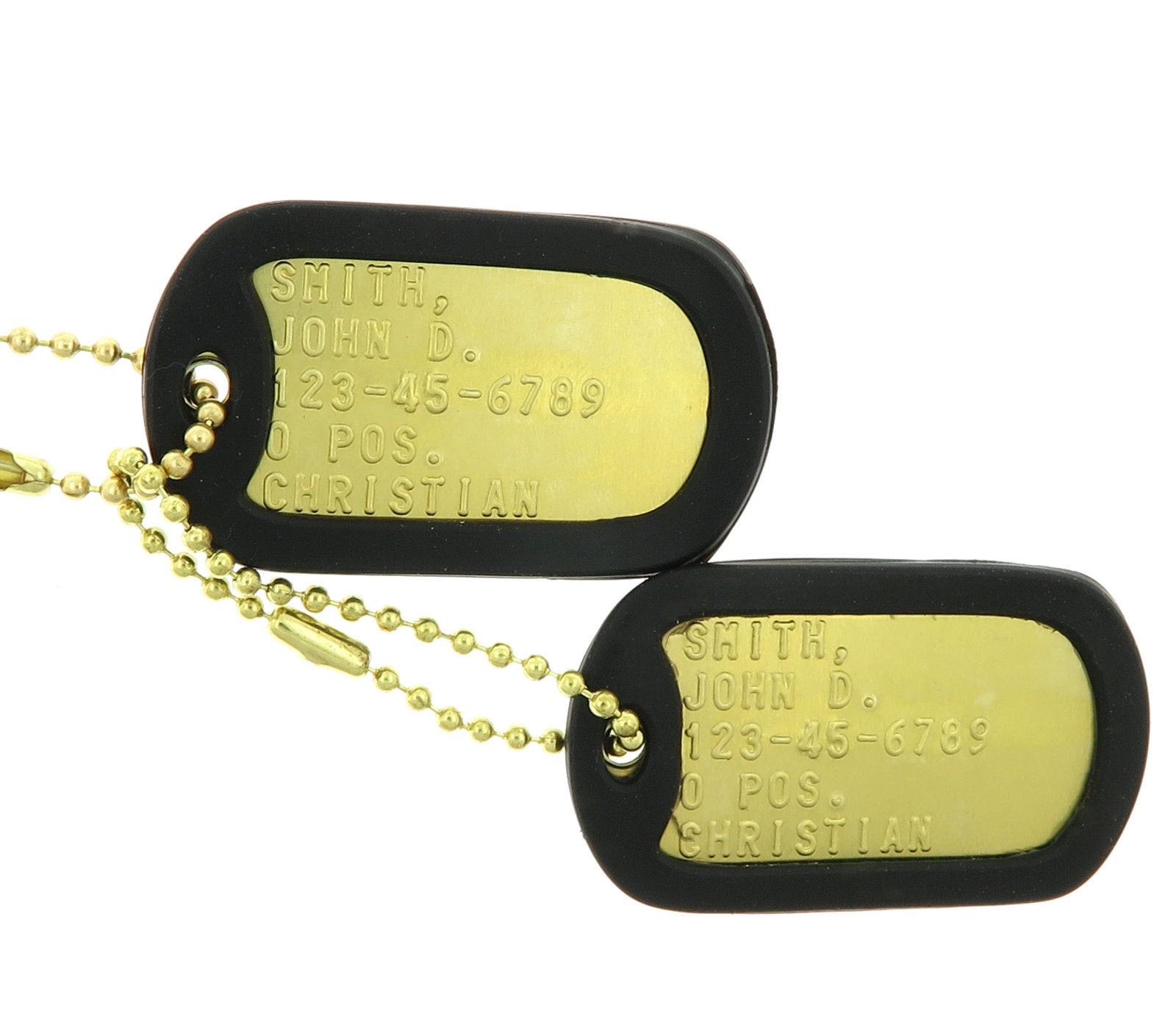 Custom Embossed Military Brass Army Navy Marines AF ID Dog Tags Set Custom Embossed Military Brass Army Navy Marines AF ID Dog Tags Set